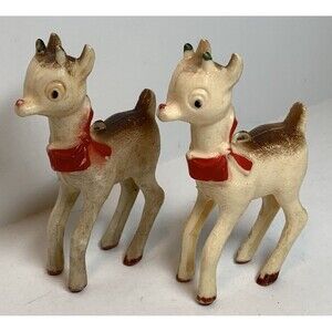 2 Vtg Christmas Reindeer 1940-50's Bradford Hard Plastic  Rudolph Ornament